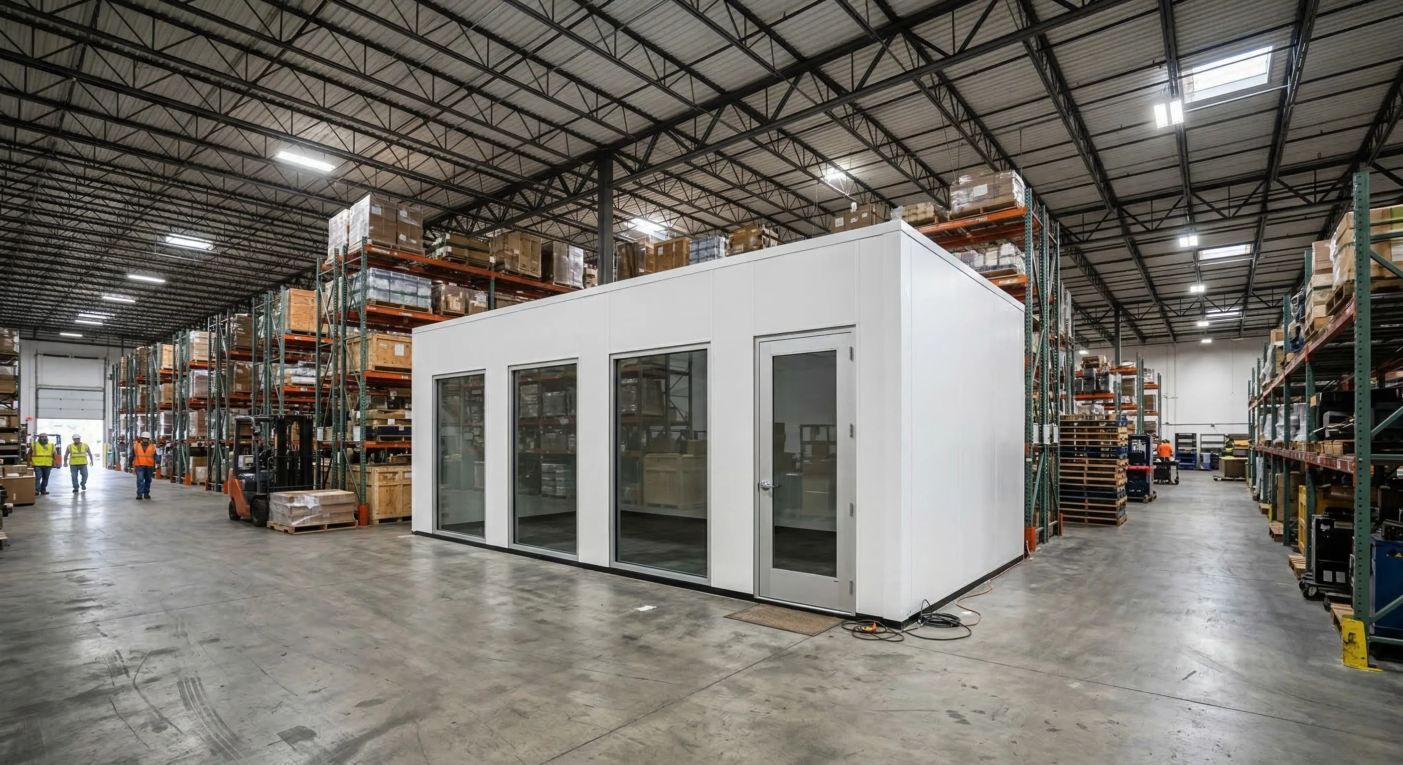 Single-story modular office enclosure in warehouse
