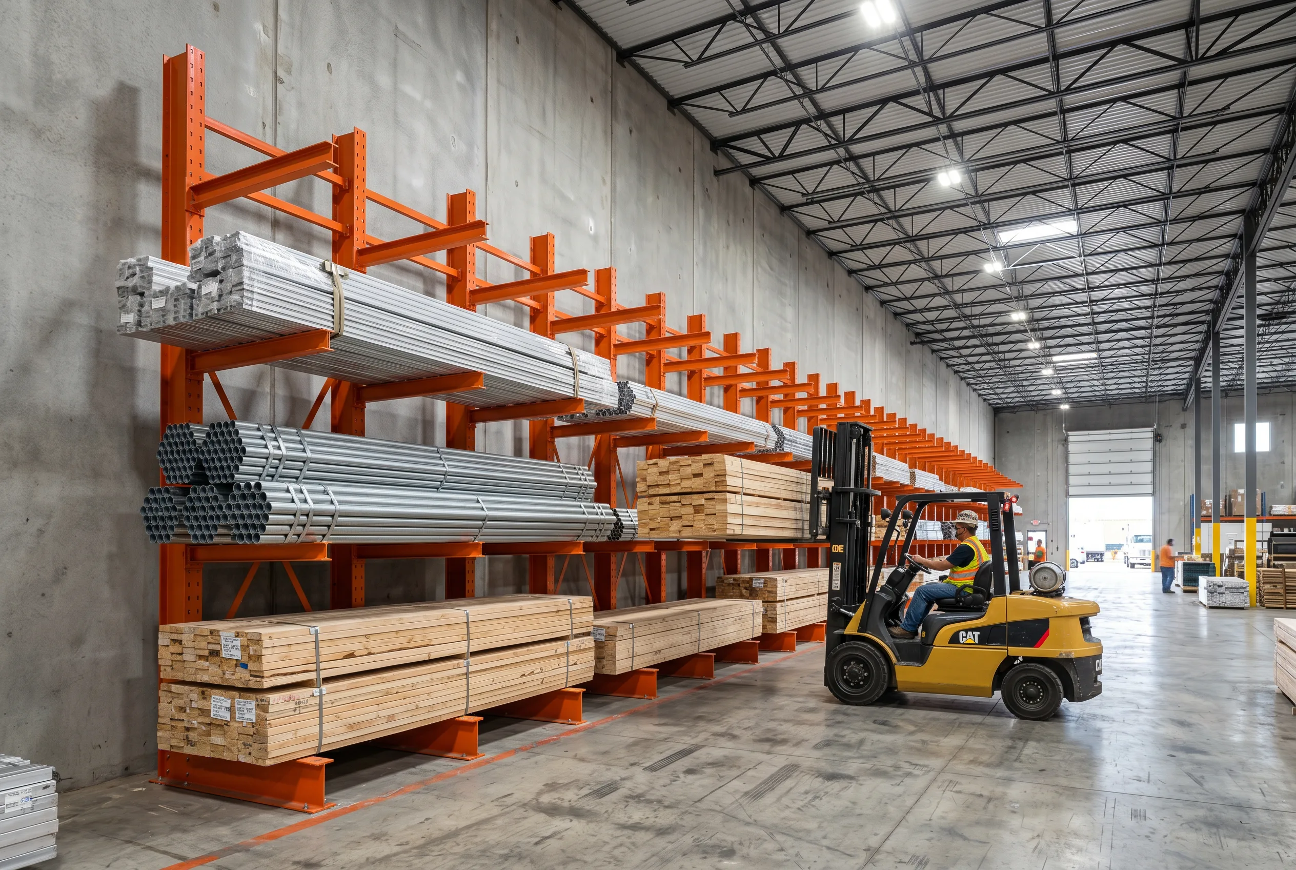 Heavy-duty structural cantilever rack storing pipe, steel, and lumber bundles in a Richmond, VA industrial distributor