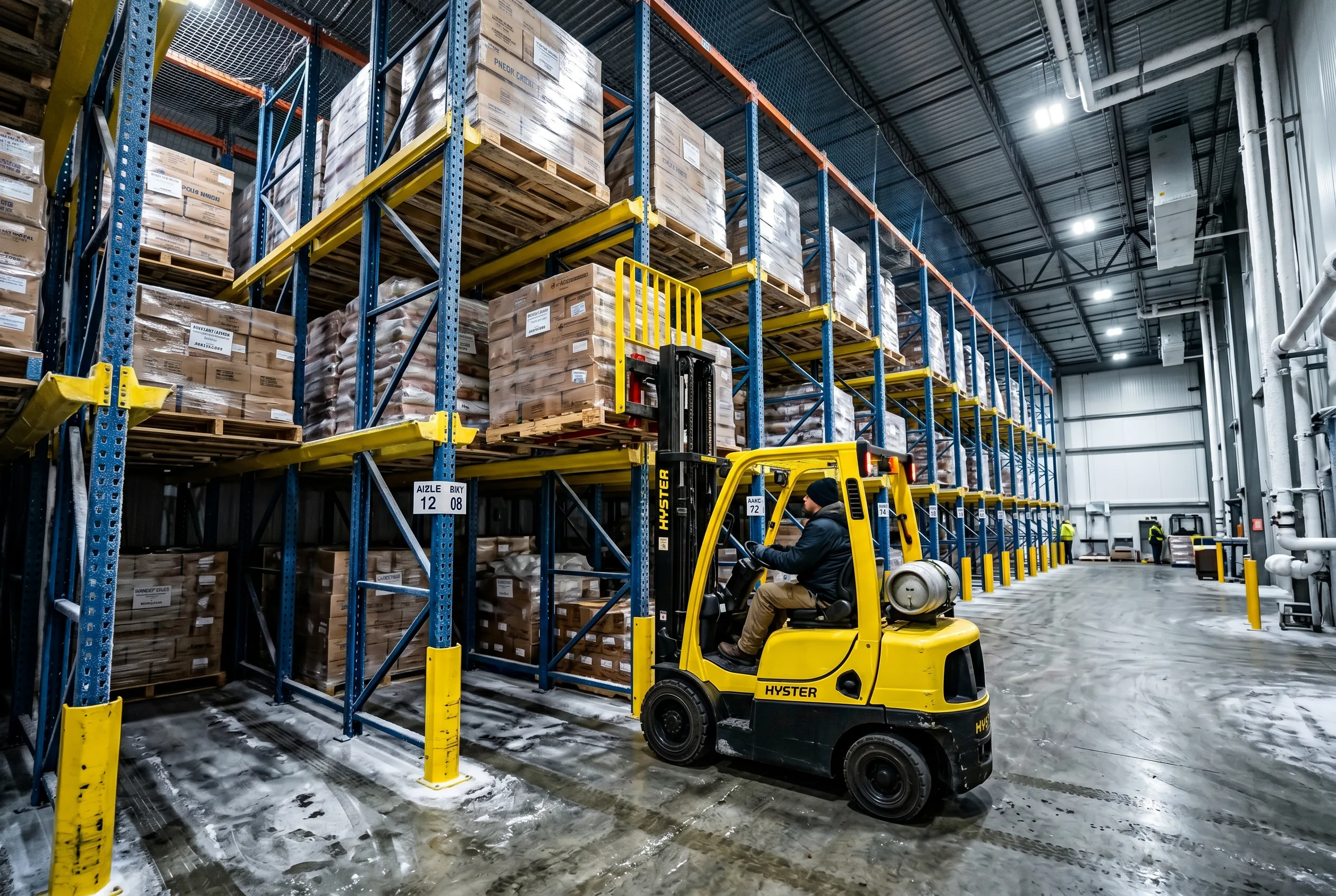 Drive-in pallet rack system with forklift entering the rack structure in a Richmond, VA cold storage warehouse