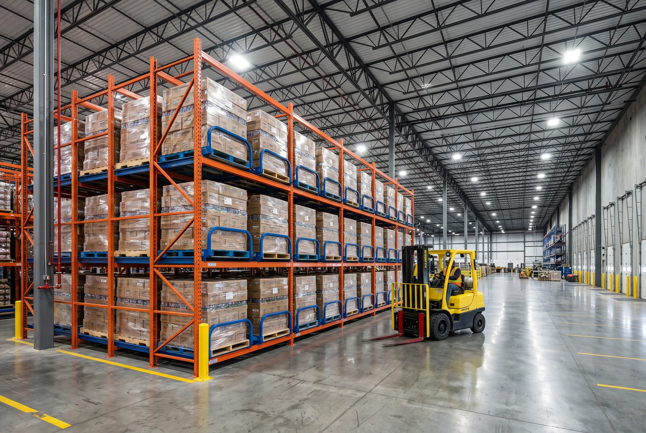 Pushback pallet rack system with nested carts and inclined rails in a Richmond, VA warehouse