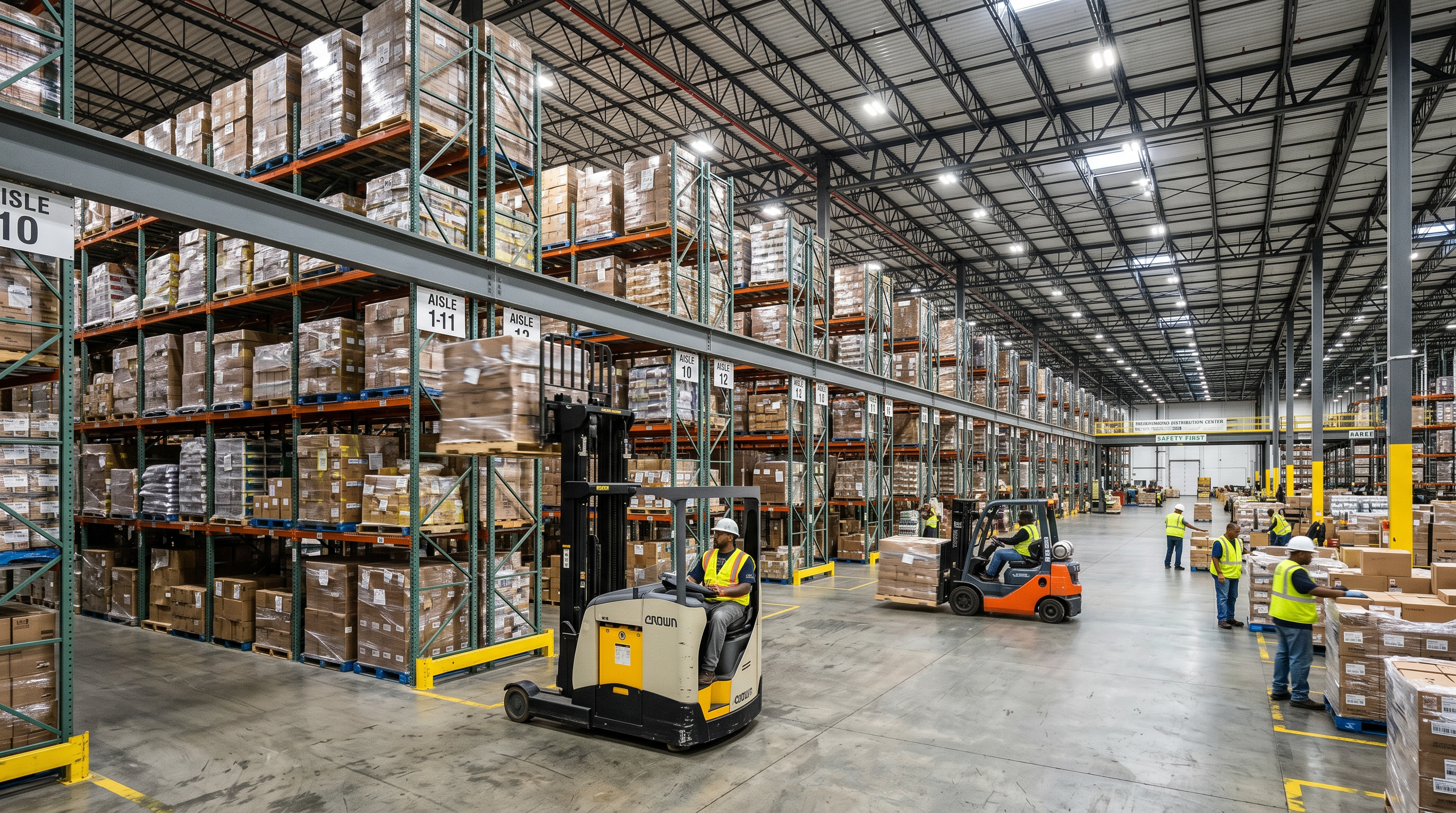 Richmond VA skyline visible through warehouse loading dock with pallet racking
